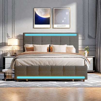 Tweepersoonsbed 140x200 – Gestoffeerd Bed – Led-Bed – Opbergbed – Bed Met Lattenbodem – Linnenstof – 2 Usb-Laadpoorten – 4 Ruime Lades