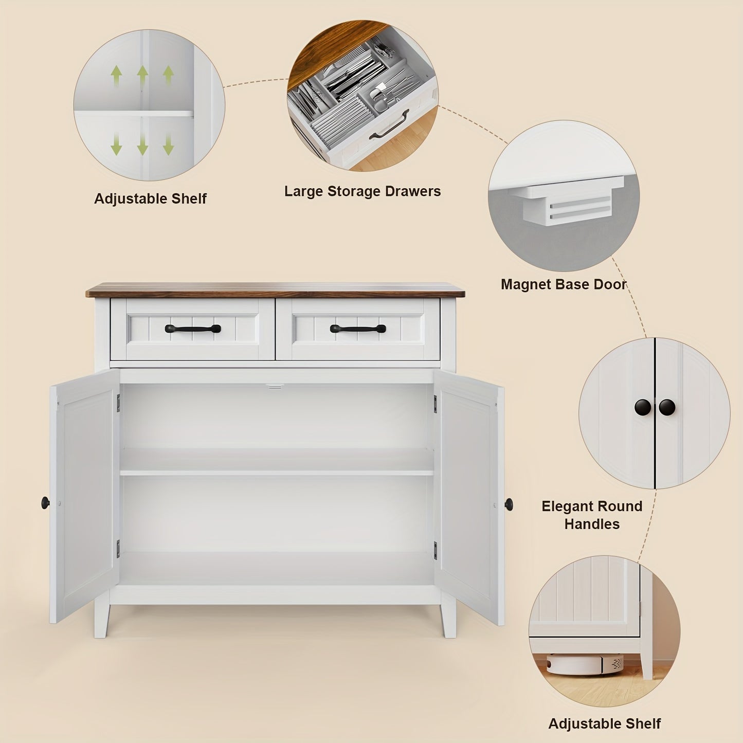Dressoir – Opbergkast – Ladekast – Buffetkast – Keukenkast – Vintage Kleur – Hardhouten Materiaal – 81 cm Hoog