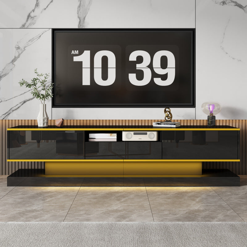 Modern Tv-meubel – Tv-kast – Entertainmentmeubel – Opbergmeubel – Woonkamermeubel – Zwart Hoogglans Met Gouden Accenten – 3 Laden + Open Vak Met Kleurveranderende LED – Ruimtebesparend 180x38x45 cm