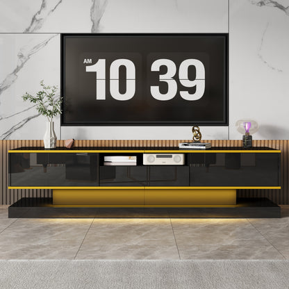 Modern Tv-meubel – Tv-kast – Entertainmentmeubel – Opbergmeubel – Woonkamermeubel – Zwart Hoogglans Met Gouden Accenten – 3 Laden + Open Vak Met Kleurveranderende LED – Ruimtebesparend 180x38x45 cm
