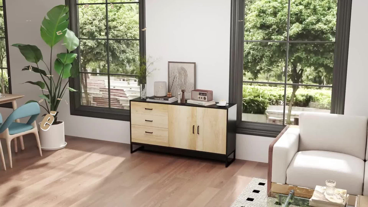 Buffetkast – Dressoir – Opbergkast – Sideboard – Buffetmeubel – Met 3 Laden en Verstelbare Plank – Stalen Poten en Aluminium Handgrepen – Natuurlijke Houtlook – Afmeting 140x35x75 cm