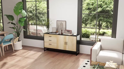 Buffetkast – Dressoir – Opbergkast – Sideboard – Buffetmeubel – Met 3 Laden en Verstelbare Plank – Stalen Poten en Aluminium Handgrepen – Natuurlijke Houtlook – Afmeting 140x35x75 cm