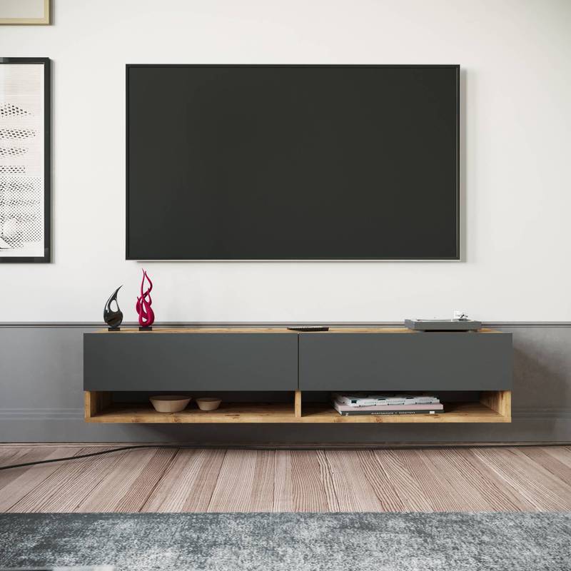 tv meubel – tv kast – tv dressoir – tv tafel – media meubel – Zwevend Wandmeubel – Melamine Spaanplaat Rustiek Eiken Wit – 180 cm Breed – 2 Open Vakjes