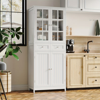 Keukenkast – Voorraadkast – Opbergkast – Buffetkast – Keukenmeubel – 181 cm Hoog – MDF Hout Wit Met Glazen Deurtjes