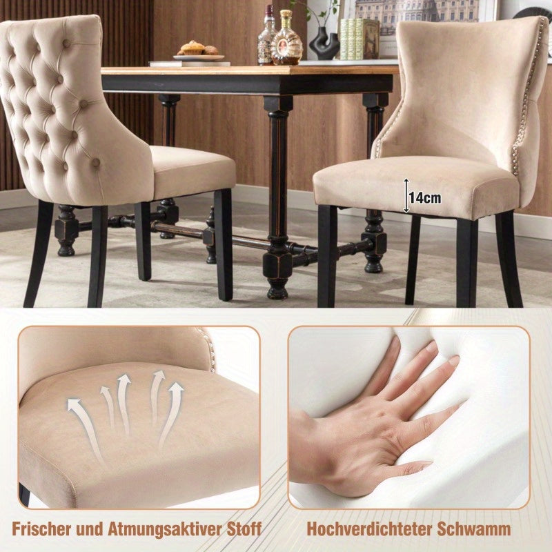 Eetkamerstoelen – Stoelen – Dining Chairs – Keukenstoelen – Velvet Stoelen – Set van 6 – Beige Velvet – Button Tufting – Massief Houten Frame – Comfortabel Ergonomisch Design