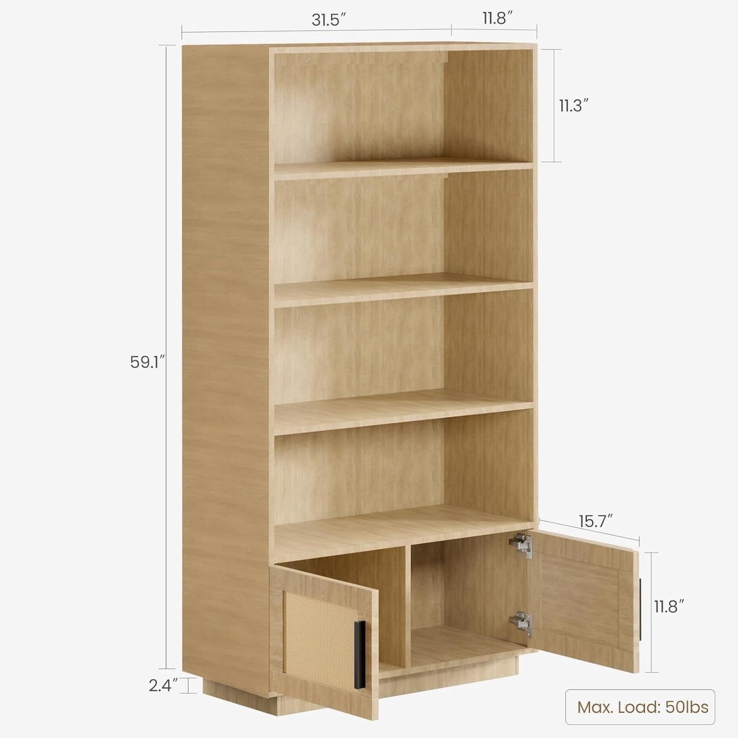 Boekenkast – Boekplank – Opbergkast – Vakkenkast – Boho Kast – 5-laags met Rieten Deuren – Natuurlijke Houtlook – Stevig Vloerstaand Ontwerp