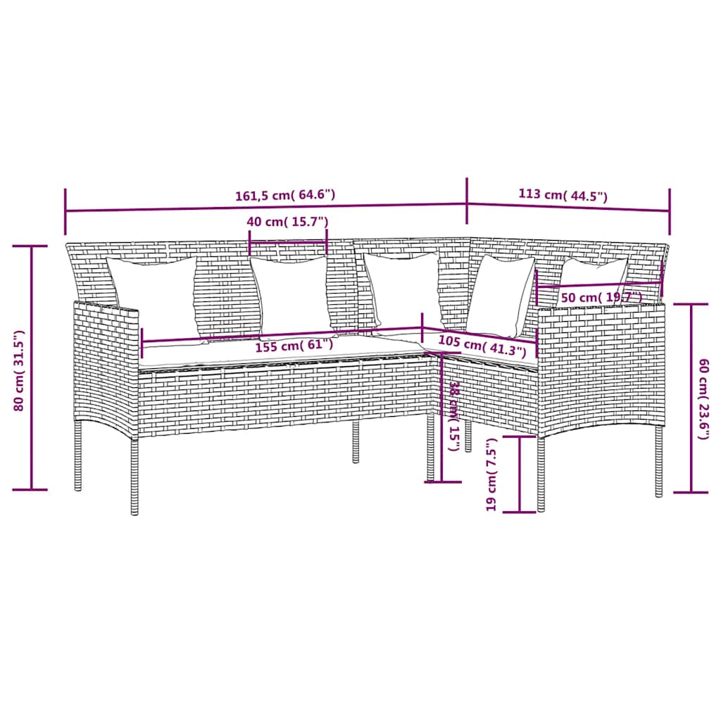 Loungeset – Tuinset – Loungebank – Zitgroep – Loungeset Poly Rattan – L-vormig – Weerbestendig Gepoedercoat Stalen Frame – Inclusief Zachte Kussens