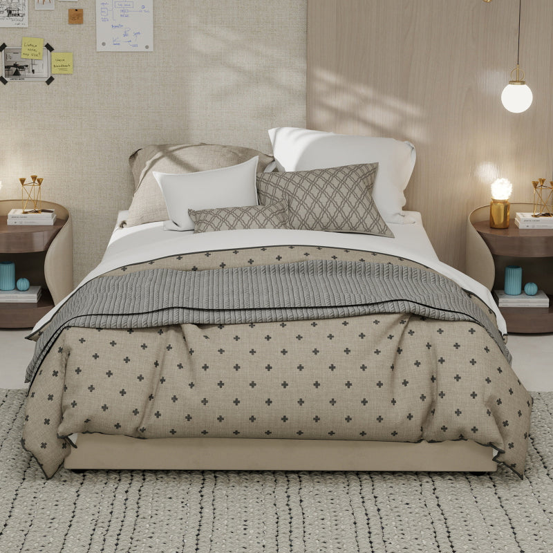 Bedframe – Bedombouw – Slaapbank – Platformbed – Ledikant – Modern Minimalistisch – Beige Velvet Bekleding – Gaslift Opbergruimte