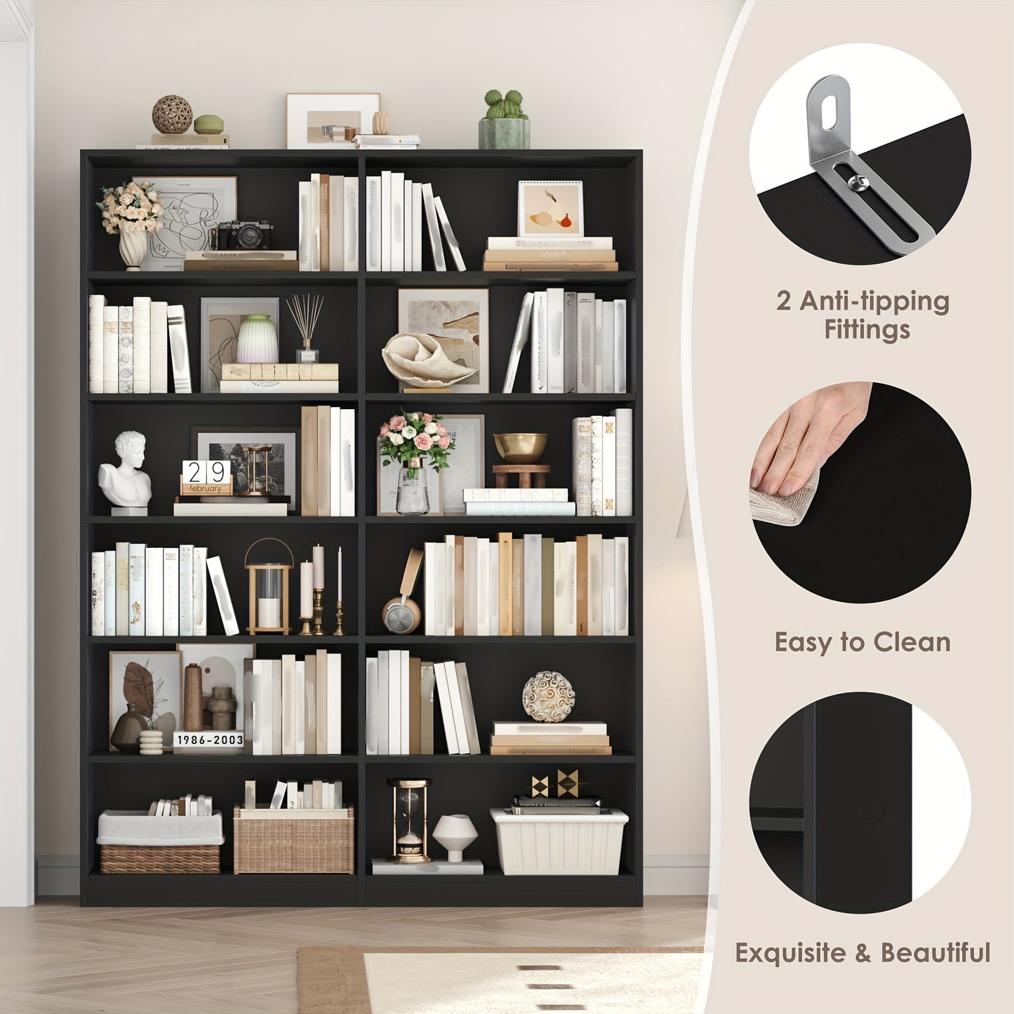 Boekenkast – Boekplank – Wandrek – Opbergkast – Vakkenkast – Zwart Houten 2-Lagen – Anti-Kantel Systeem – Grote Opbergruimte