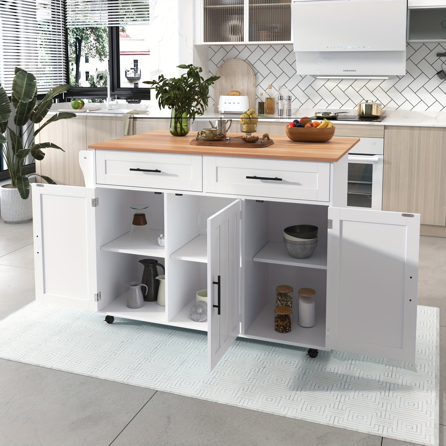 White Modern Mobile Kitchen Island with Folding Table Top, Built-In Shelves & Storage Cabinet, 2 Drawers - Heavy-Duty Metal Frame, Space-Saving Rolling Cart with Breakfast Bar, 129x46x91.5cm, No Electrical Required for Dining