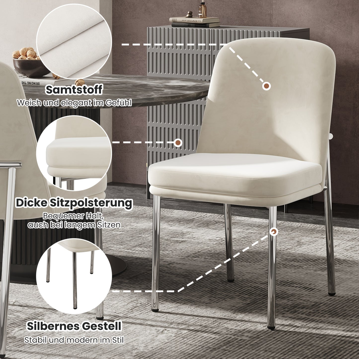 Eetkamerstoel – Stoel – Dining Chair – Caféstoel – Restaurantstoel – Set van 2 – Dikke Kussens met Katoenen Vulling – Stevige Zilverkleurige Metalen Poten