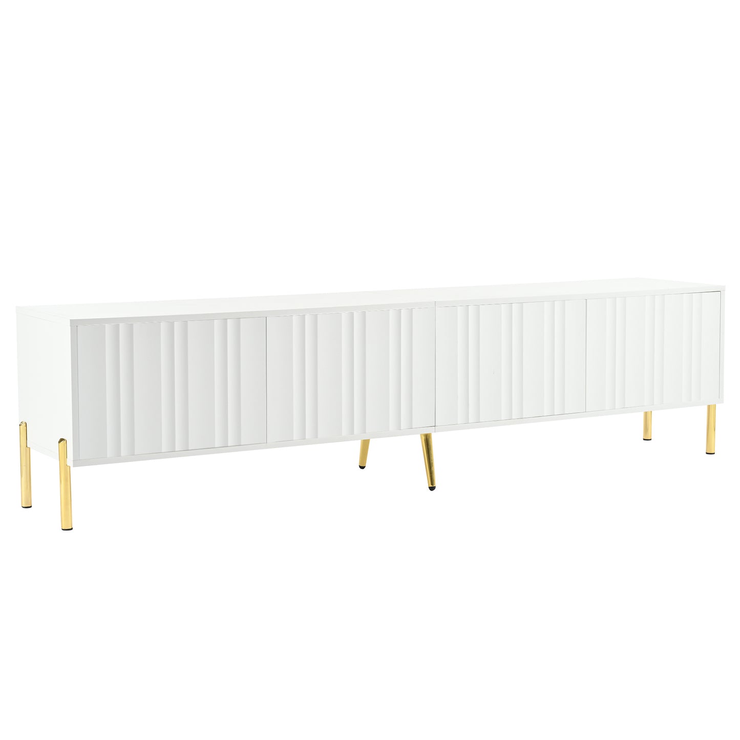 TV Meubel – TV Lowboard – TV Kast – TV Board – Mediameubel – Wit Met Groeven – 4 Deuren Met 8 Opbergvakken – Gouden Metalen Poten – 190x38x48 cm