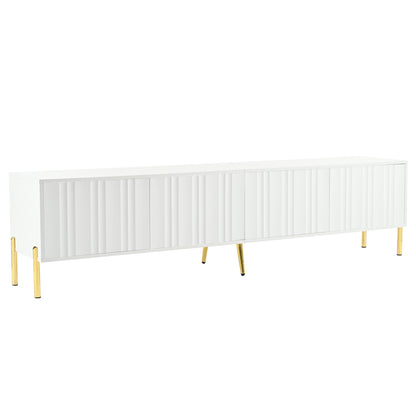 TV Meubel – TV Lowboard – TV Kast – TV Board – Mediameubel – Wit Met Groeven – 4 Deuren Met 8 Opbergvakken – Gouden Metalen Poten – 190x38x48 cm
