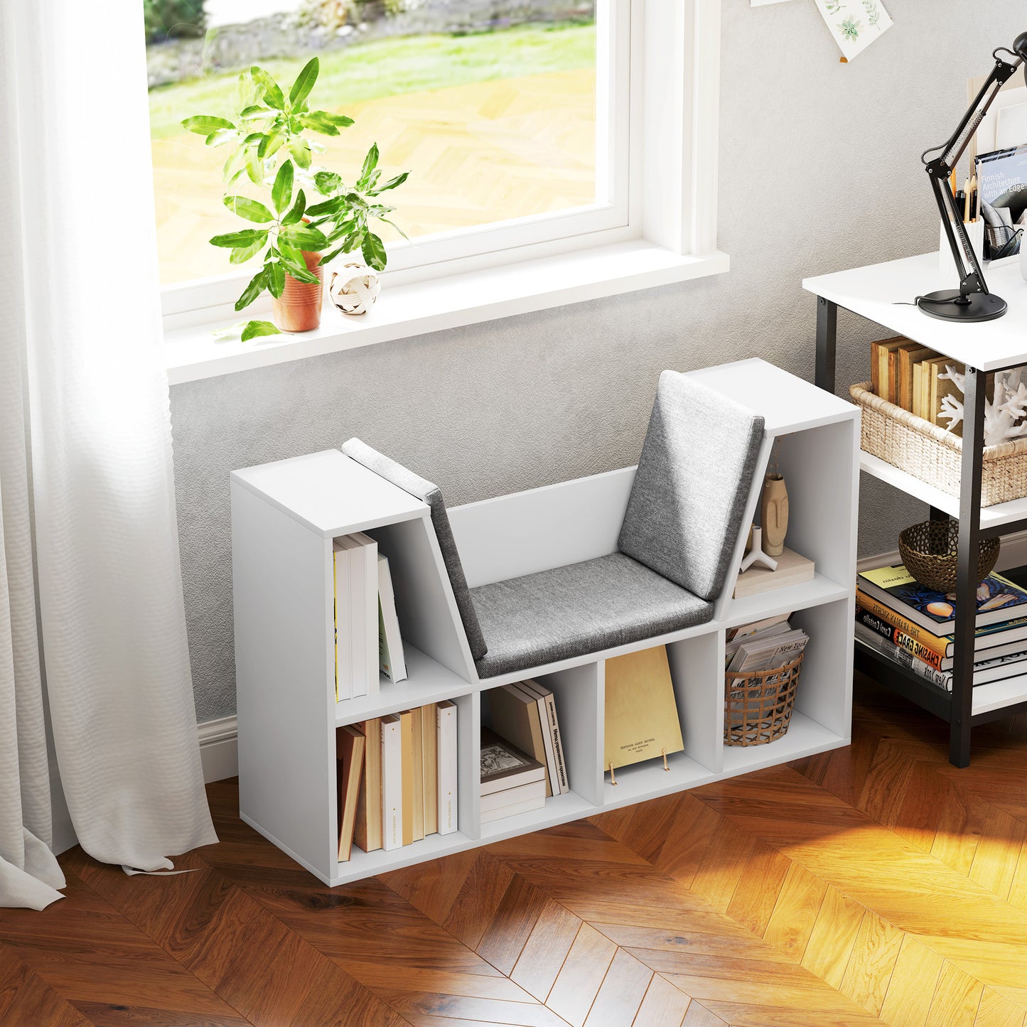 Boekenkast met Zithoek – Boekenkast – Opbergmeubel – Zitbank – Leeshoek – Wit – 6 Compartimenten – Gestoffeerde Zitting – 105x30x63 cm