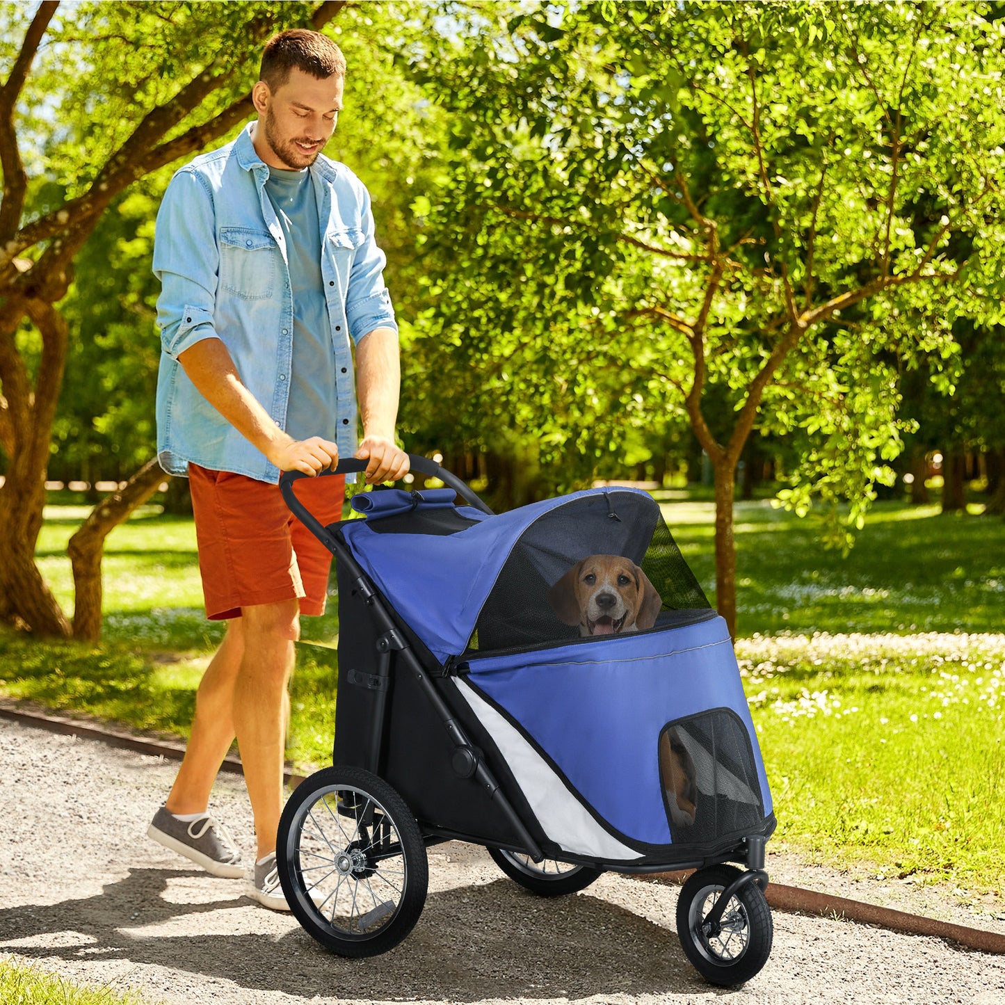 Opvouwbare Hondenwagen – Hondenbuggy – Hondentrolley – Hondenkar – Hondenbuggy – Comfortabel Ligkussen – Stevig Stalen Frame – Blauw/Zwart