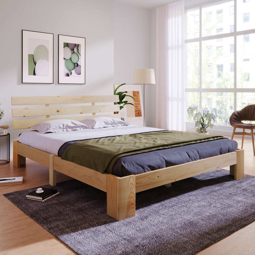 Massief Houten Tweepersoonsbed – Houten Bed – Slaapbank – Bedframe – Slaapmeubel – Massief Dennenhout – Inclusief Hoofdbord en Lattenbodem – 200x140 cm – Duurzaam & Eenvoudig Te Monteren