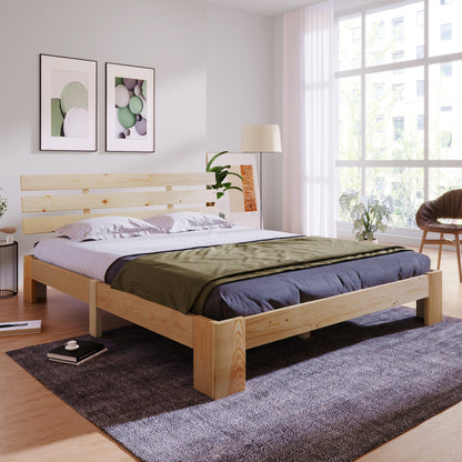 Massief Houten Tweepersoonsbed – Houten Bed – Slaapbank – Bedframe – Slaapmeubel – Massief Dennenhout – Inclusief Hoofdbord en Lattenbodem – 200x140 cm – Duurzaam & Eenvoudig Te Monteren