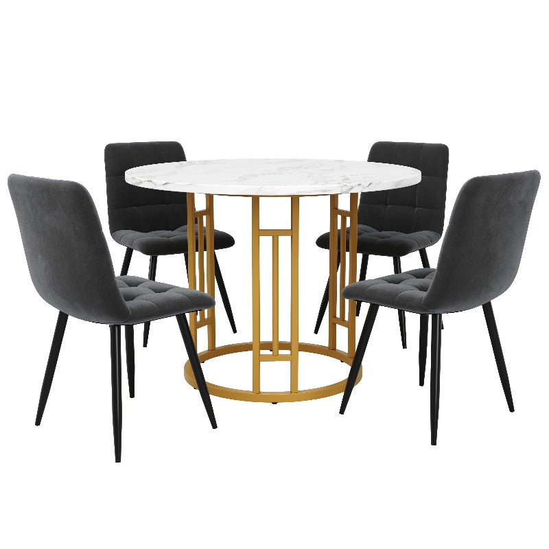 Eettafelset – Eethoek – Diningset – Keukentafelset – Zitgroep – Ronde Tafel 80 cm – MDF Marmerlook Blad – Gouden Metalen Poten – Grijze Comfortabele Stoelen