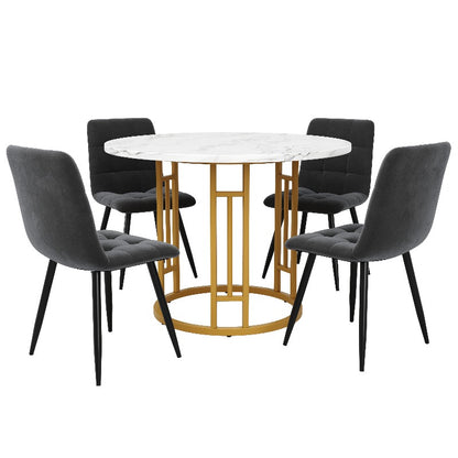 Eettafelset – Eethoek – Diningset – Keukentafelset – Zitgroep – Ronde Tafel 80 cm – MDF Marmerlook Blad – Gouden Metalen Poten – Grijze Comfortabele Stoelen
