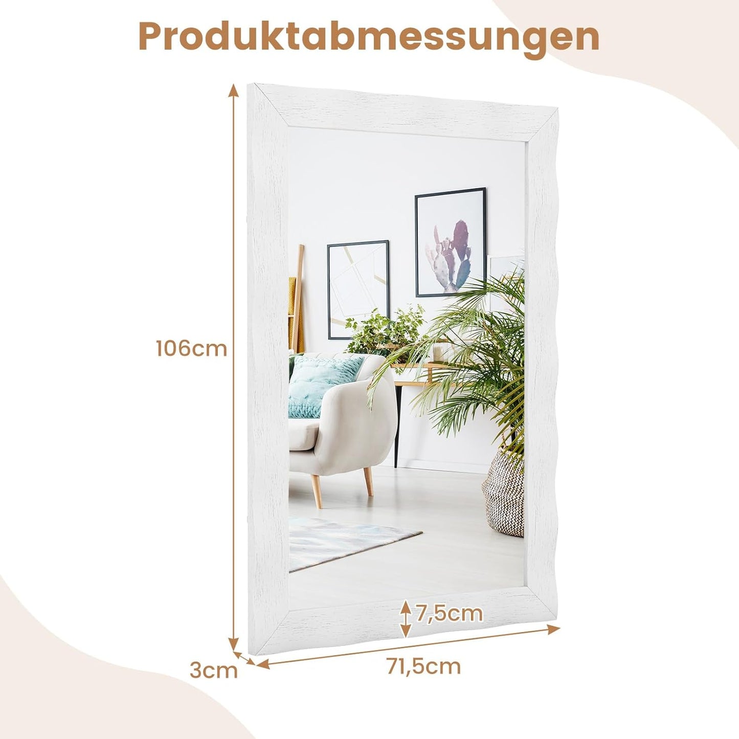 Wandspiegel – Spiegel – Muurspiegel – Landelijke Spiegel – Vintage Spiegel – Massief Rubberhout – Rustiek Wit Frame – 106x71,5 cm – Flexibel Ophangsysteem