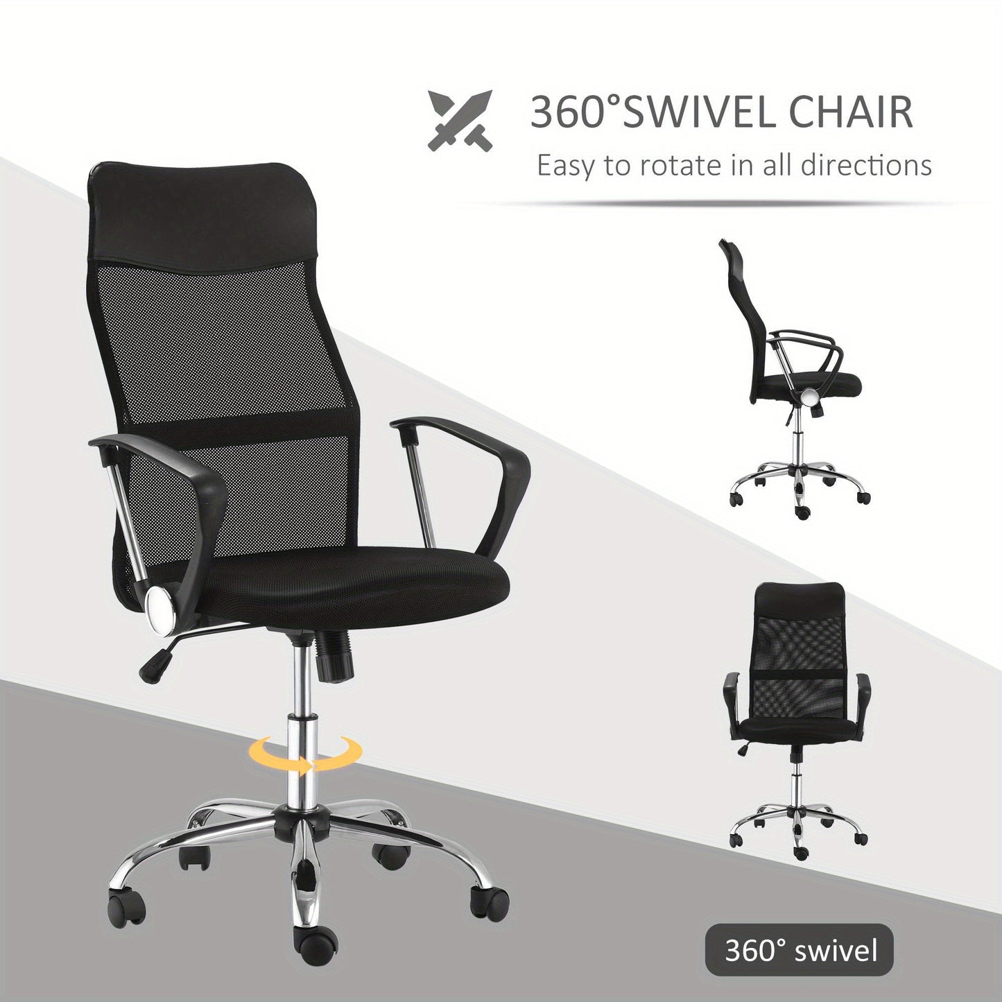 Bureaustoel – Ergonomische Stoel – Office Chair – Gamingstoel – Kantoorstoel – Verstelbare Zithoogte – Kantelfunctie – Ademend Mesh – Gevoerde Zitting – 360° Draaibaar – Zwart