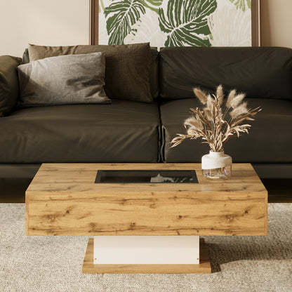Salontafel – Koffietafel – Bijzettafel – Tafel – Woonkamertafel – Houtkleur – Glasblad – 2 Lade – Modern Design – Direct Gebruiksklaar
