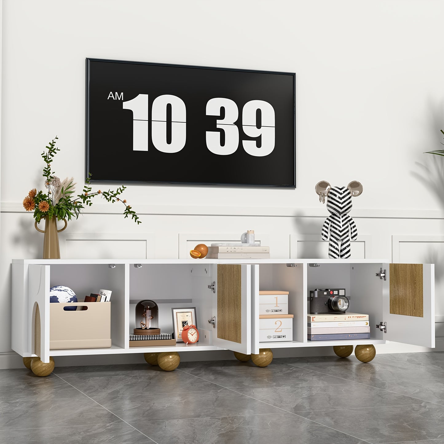 Tv-meubel – TV-kast – TV-standaard – Media Console – Woonkamermeubel – Retro Boogvorm – Bolle Poten – Duurzaam Bamboe – Geen Montage