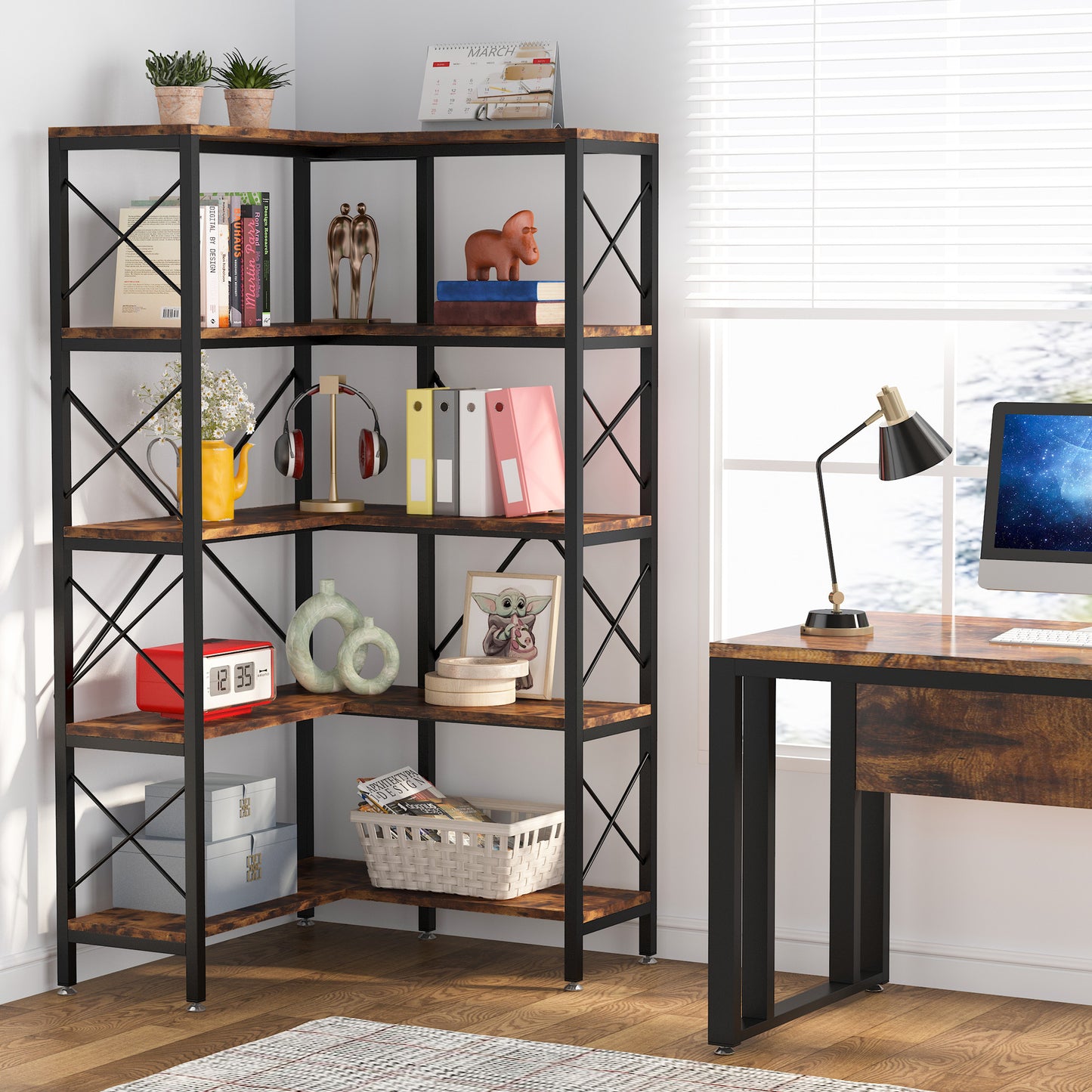 Hoekboekenkast – Hoekkast – Boekenkast – Opbergkast – Wandplank – Vrijstaand – 7 Planken – Metalen Frame – Wit – Ruimtebesparend – Stabiel