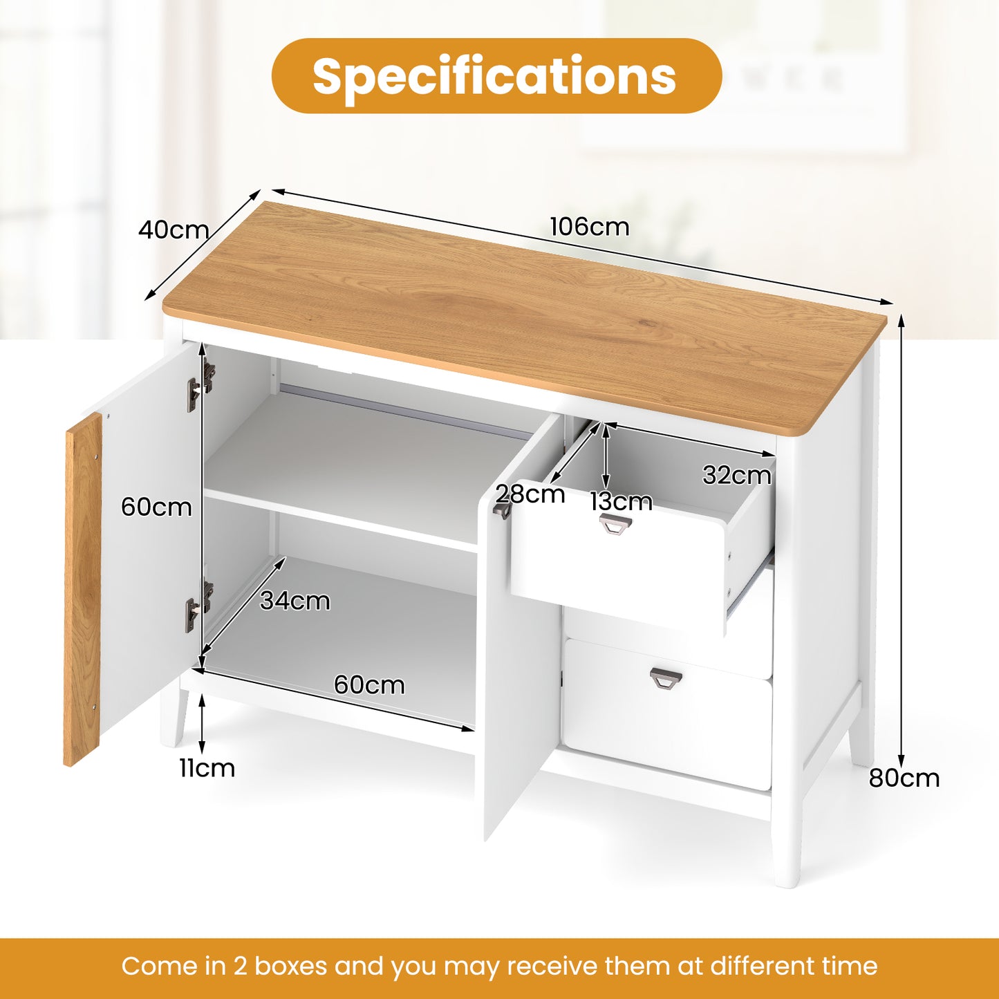 Sideboard – Dressoir – Opbergkast – Buffetkast – Keukenkast – Natuurlijke Witte Afwerking – 106x40x80 cm – 3 Lades en Verstelbare Plank