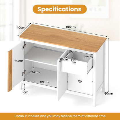 Sideboard – Dressoir – Opbergkast – Buffetkast – Keukenkast – Natuurlijke Witte Afwerking – 106x40x80 cm – 3 Lades en Verstelbare Plank
