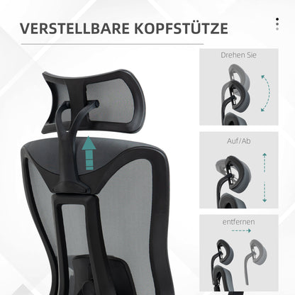 Bureaustoel – Ergonomische Stoel – Draaistoel – Kantoorstoel – Gamingstoel – Verstelbare Rugleuning – Hoofdsteun – Mesh – Grijs