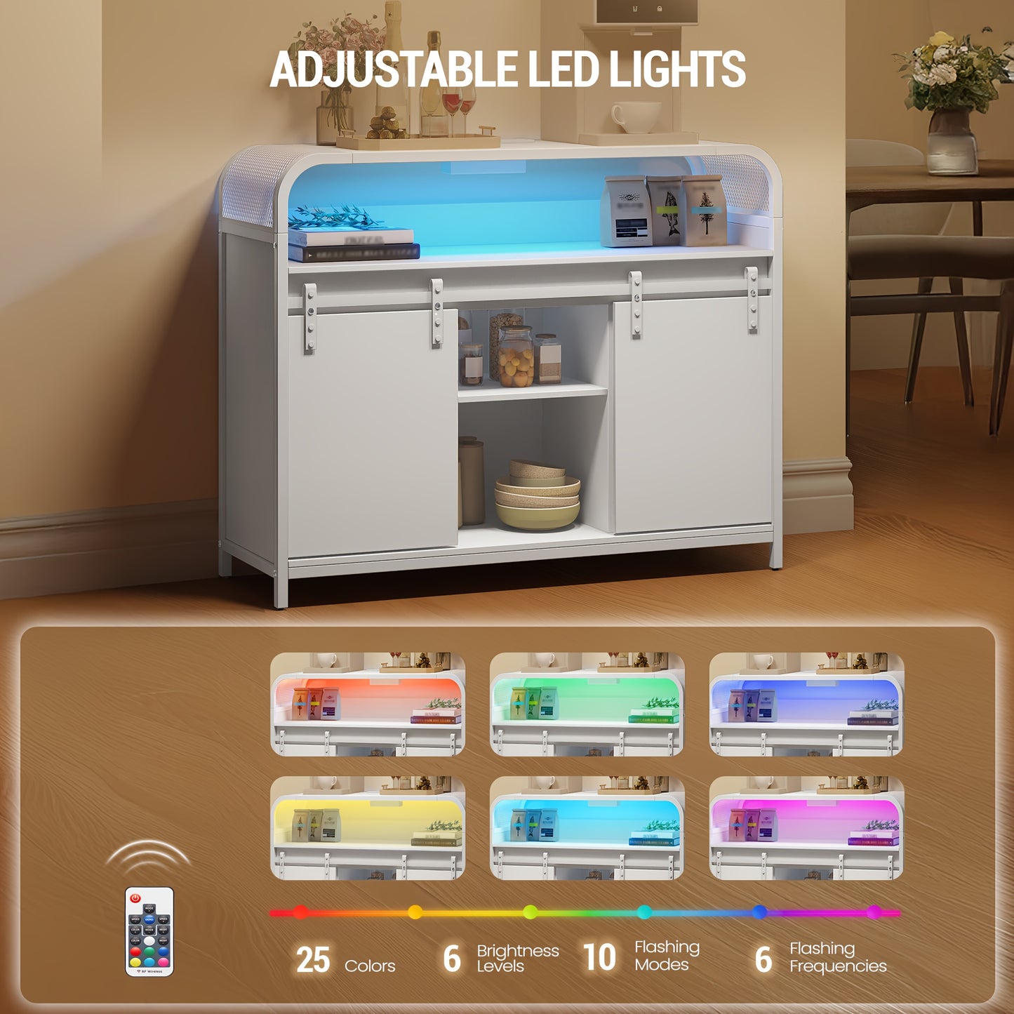 Wit Keukenkastje – Dressoir – Opbergkast – Sideboard – Kast – LED Verlichting – Verstelbare Planken – 100x35x80 cm