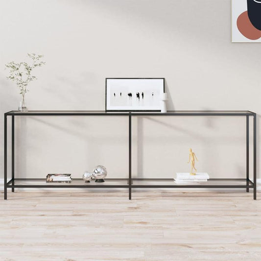 Elegant Transparent Tempered Glass Wall Table, 219.71cm x 34.8cm x 75.18cm - Sleek Modern Design with X-Shaped Metal Frame, Spacious Display Shelf for Living Room, Bedroom, Office - Minimalist & Contemporary Style, Aesthetic