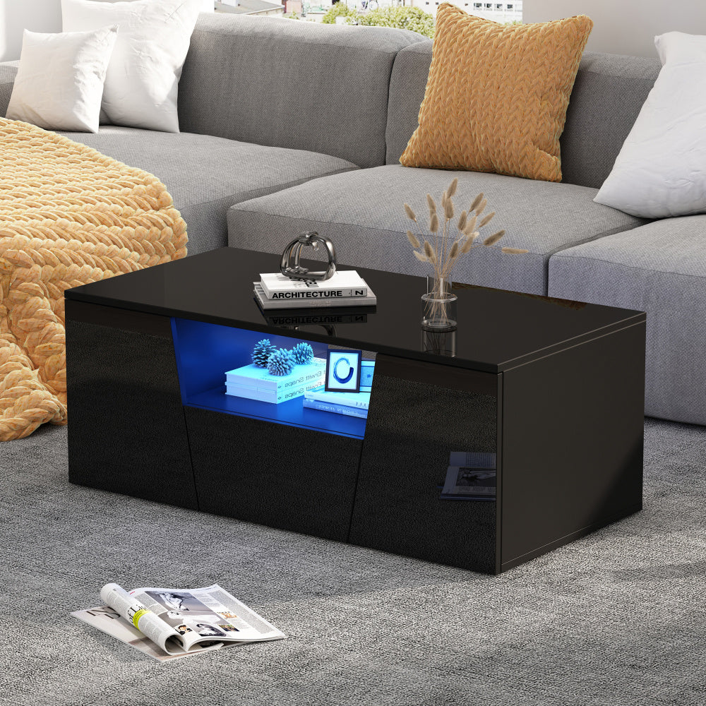 Salontafel – Koffietafel – Bijzettafel – Woonkamertafel – Tafeltje – Hoogglans Zwart – Glasblad & Metaalframe – Ruime Opbergruimte met Laden – 100x50x40 cm – Compact & Modern Design