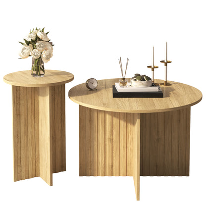 2-delig Salontafel Set – Bijzettafel – Nesttafels – Woonkamertafel – Houten Tafel – Eikenhout Look – Ruimtebesparend Nest-Design – Ribstructuur MDF Zijkanten
