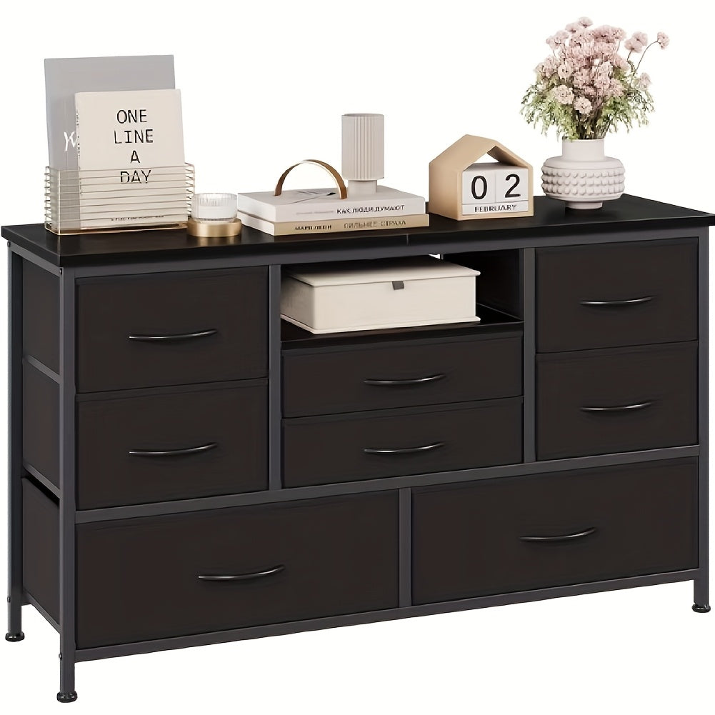 Ladekast – Ladenkast – Dressoir – Tv-meubel – 8 Lades Zwart Met Houtnerf – Geschikt Voor Tv Tot 139,7 Cm – MDF En Carbonstaal – Compact 120x37x75 Cm