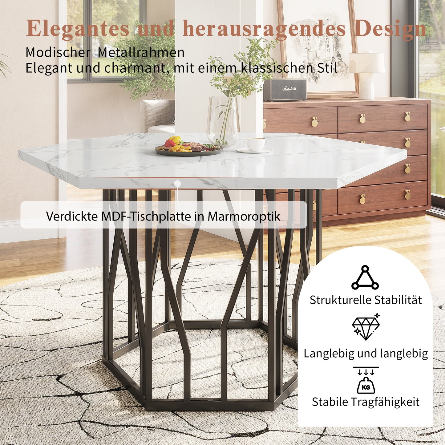 Zeshoekige Eettafel – Hexagonale Tafel – Woonkamertafel – Design Eettafel – Keukentafel – Marmerlook MDF Blad – Stevig Zwart Metalen Onderstel