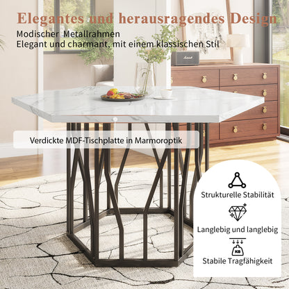 Zeshoekige Eettafel – Hexagonale Tafel – Woonkamertafel – Design Eettafel – Keukentafel – Marmerlook MDF Blad – Stevig Zwart Metalen Onderstel