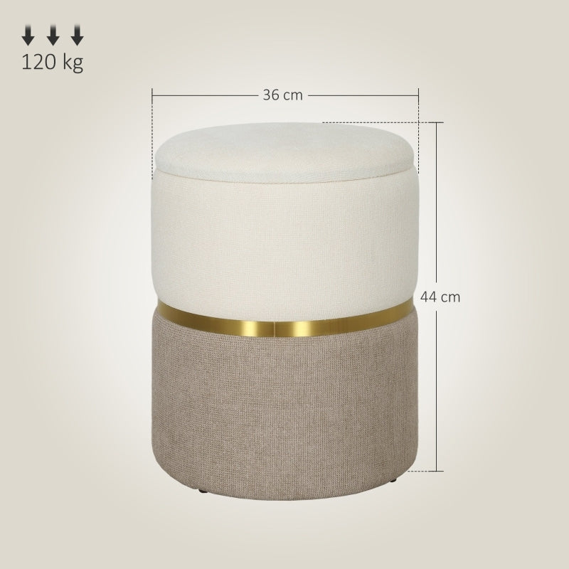 Poef – Opbergpoef – Zitzak – Voetenbankje – Hocker – Ronde Opbergpouf – Crème Wit Met Gouden Accenten – Zachte Chenille Zitting Met 30L Opbergruimte – Stevige MDF Constructie Met Metaalring 36x36x44 cm