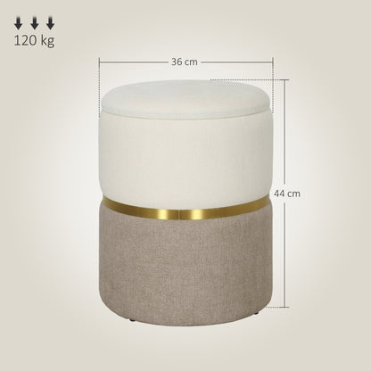 Poef – Opbergpoef – Zitzak – Voetenbankje – Hocker – Ronde Opbergpouf – Crème Wit Met Gouden Accenten – Zachte Chenille Zitting Met 30L Opbergruimte – Stevige MDF Constructie Met Metaalring 36x36x44 cm