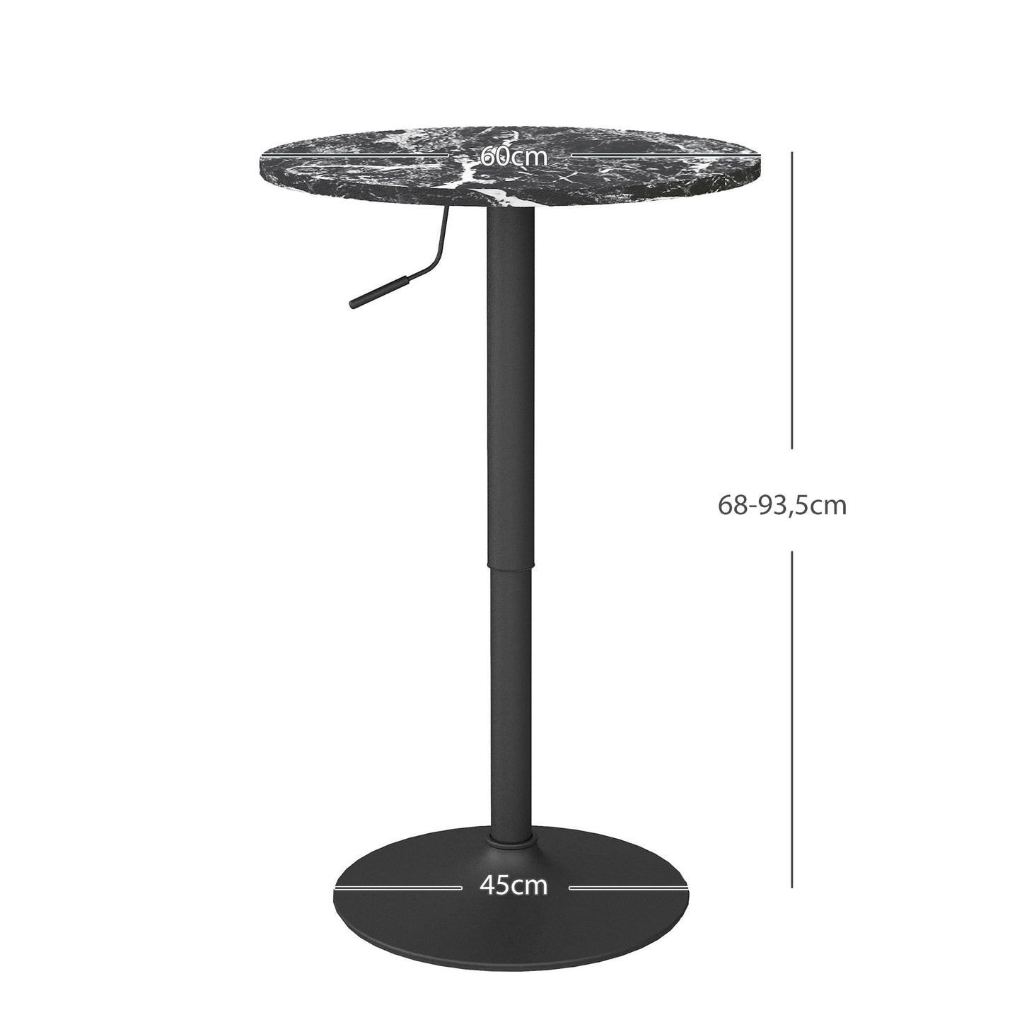 Bartafel – Barkruktafel – Barmeubel – Statafel – Tafel voor Twee Personen – Verstelbare Hoogte 68-93,5 cm – Zwart Marmerlook 60x60 cm