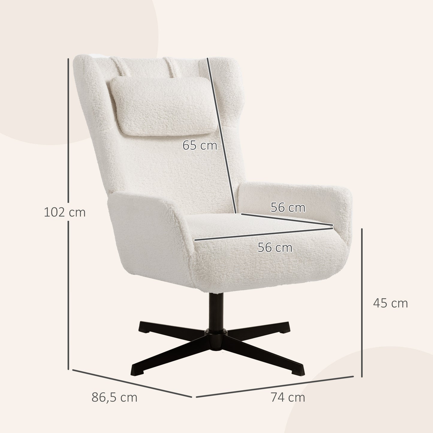 Accentstoel – Fauteuil – Leunstoel – Draaistoel – Zithoekstoel – Crème – Zachte Fleece Bekleding – Draaibare Metalen Voet