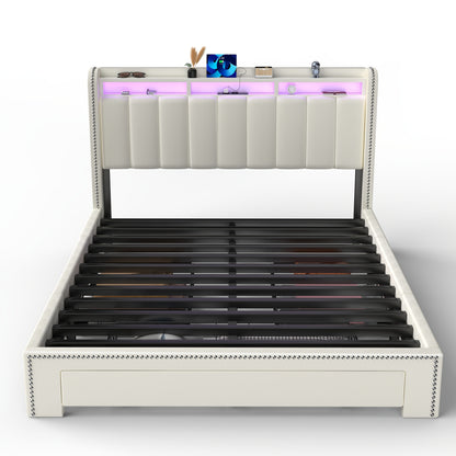 Modern Gestoffeerd Tweepersoonsbed 90x200 cm – 3 Lade-opslag, USB LED Hoofdeinde & Stevig Metalen Frame – Roze Accentladen, Ruimtebesparend en Eenvoudig te Monteren