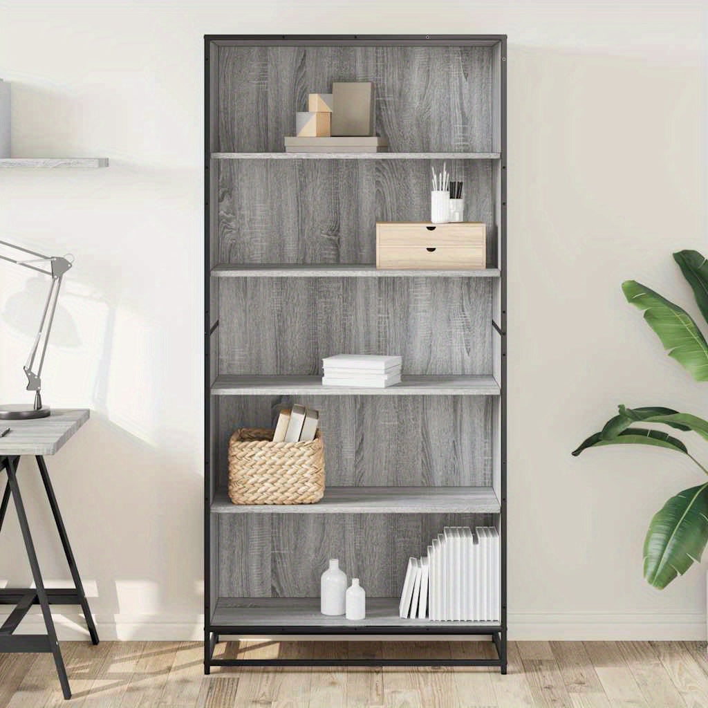 [Versatile Use] Stylish Gray Sonoma Oak Bookcase - 3-Section Vertical Shelving Unit with Black Metal Frame, Smooth & Moisture-Proof Wood, Ample Storage for Living Room, Office, or Study - Perfect for Books, Decor, and Essenti