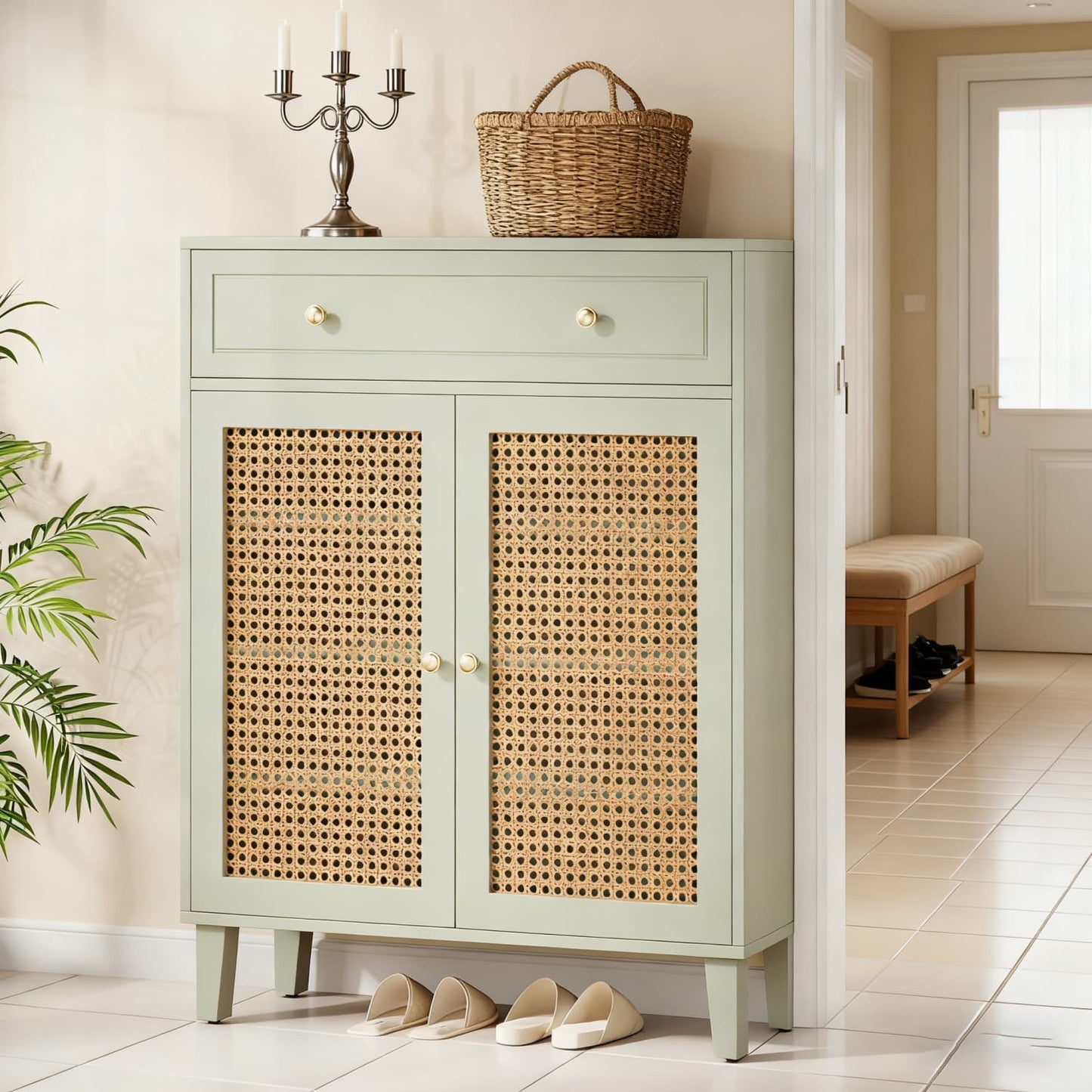 Opbergkast – Opbergmeubel – Kast – Schoenenkast – Dressoir – Mintgroen – Rattan Deuren – Verstelbare Planken – Lade – MDF Hout – Vloerstaand – Modern Design