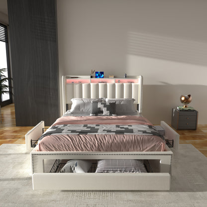 140x200 cm Tweepersoonsbed Frame met 3 Lade-opslag & USB LED Hoofdeinde – Modern Gestoffeerd Bed, Stevig Metalen Frame, Eenvoudig te Monteren