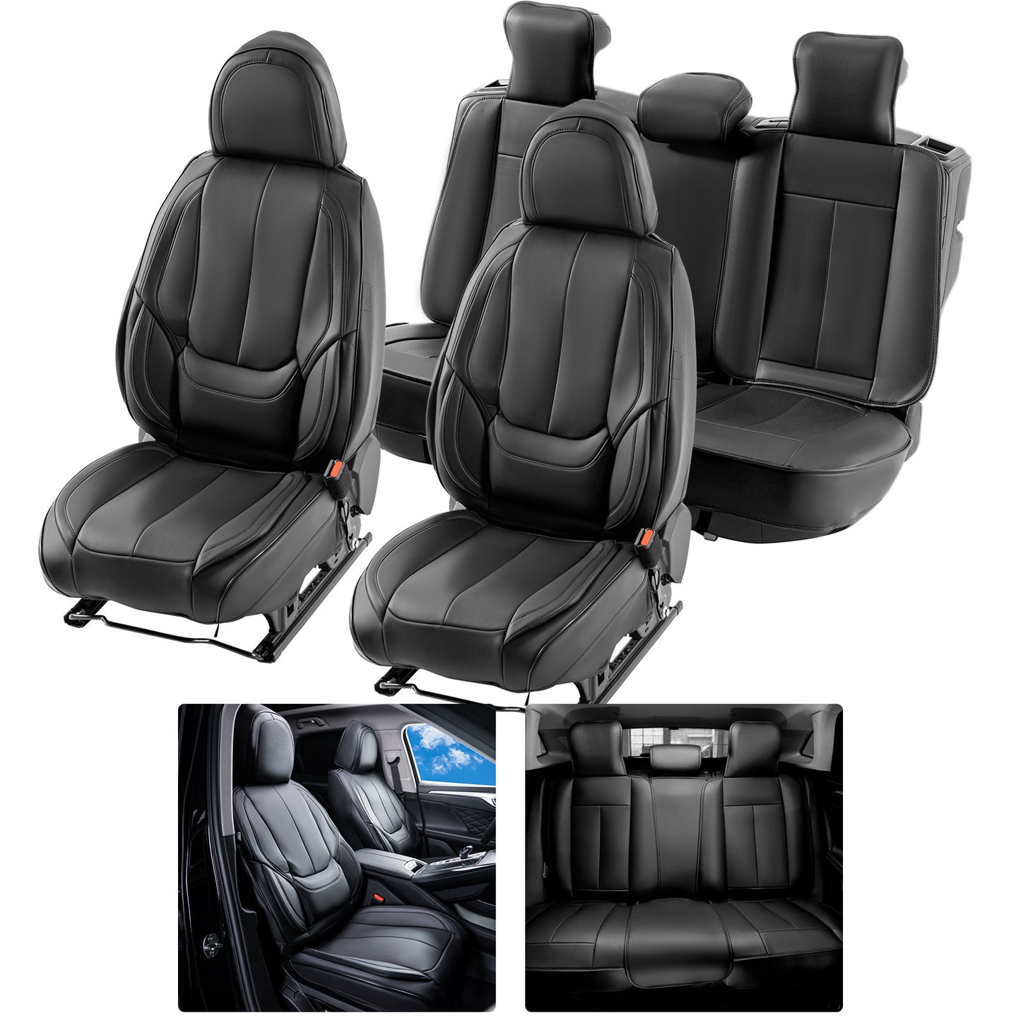 Autostoelhoezen – Universele Stoelhoezen – Autostoelbekleding – Kunstleer Stoelhoezen – Voor- en Achterstoelen – Zwart – Volledig Omsloten Design – Airbag Veilig