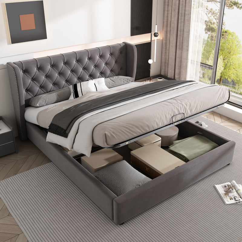 Packaged bed in the shape of a velvet double bed 140190 Hydraulic functional bed with slatted base and gray storage space