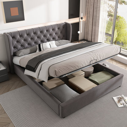 Packaged bed in the shape of a velvet double bed 140190 Hydraulic functional bed with slatted base and gray storage space