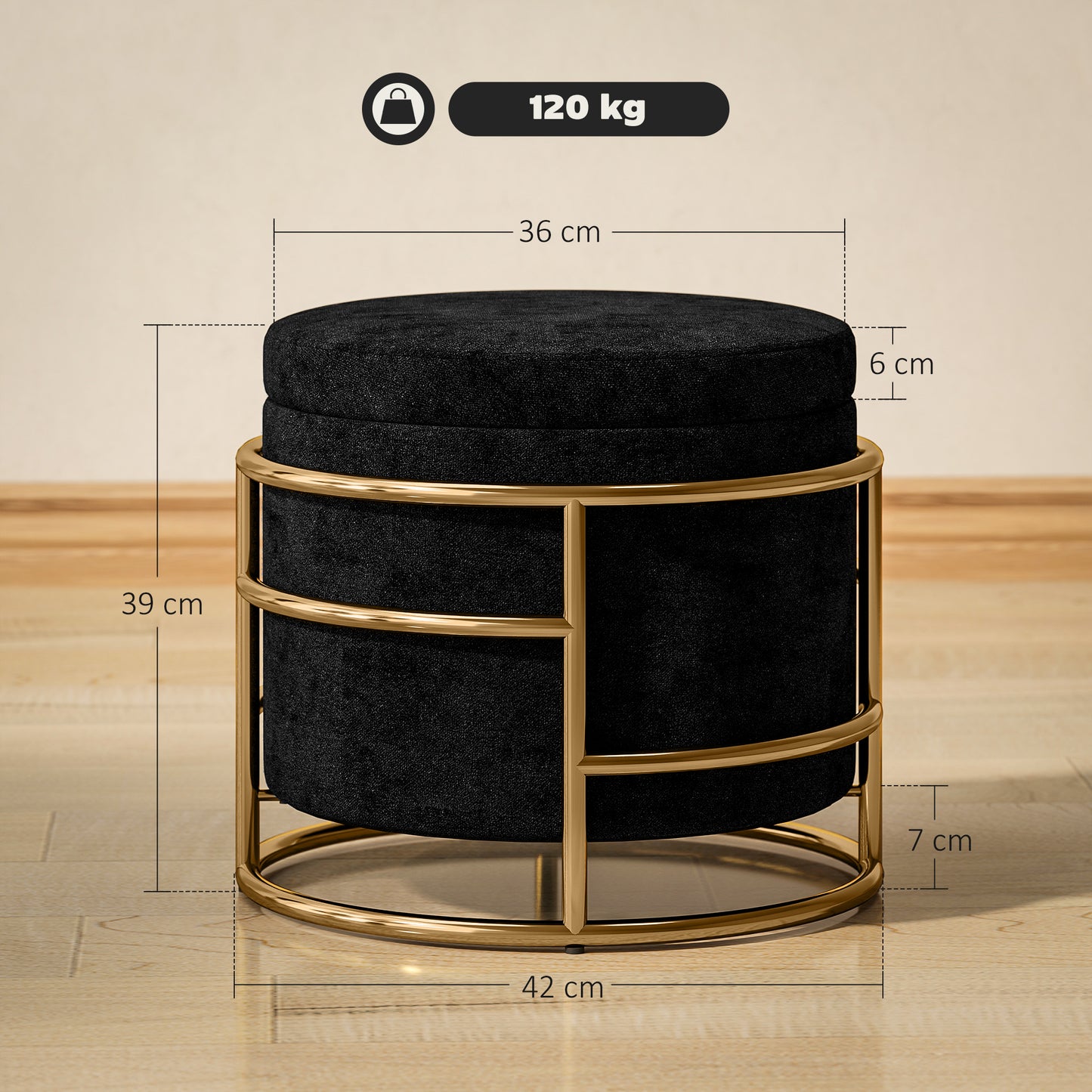 Voetenbankje – Voetensteun – Poef – Zitbankje – Opbergpoef – Fluwelen Bekleding – Gouden Metaal Frame – 24L Opbergruimte – Max 120 kg